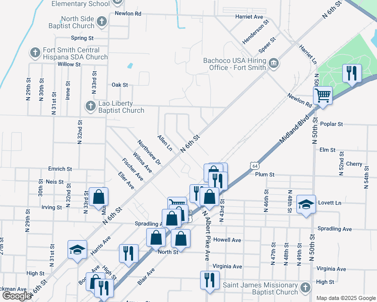 map of restaurants, bars, coffee shops, grocery stores, and more near 3803 Mary Street in Fort Smith