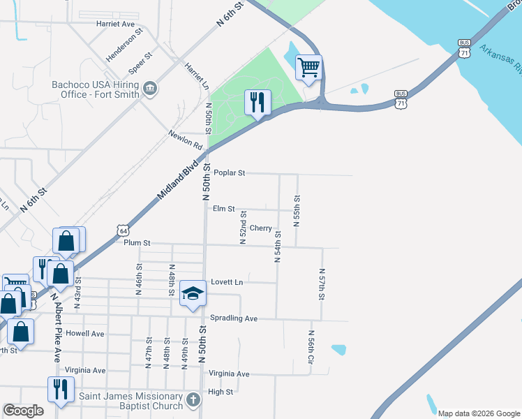 map of restaurants, bars, coffee shops, grocery stores, and more near 5207 Cherry in Fort Smith