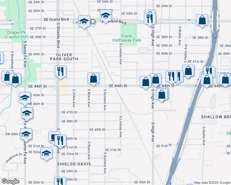 map of restaurants, bars, coffee shops, grocery stores, and more near 530 Southeast 45th Street in Oklahoma City