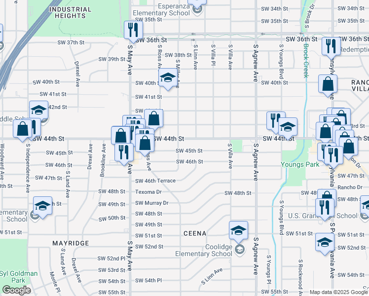 map of restaurants, bars, coffee shops, grocery stores, and more near 2701 Southwest 46th Street in Oklahoma City