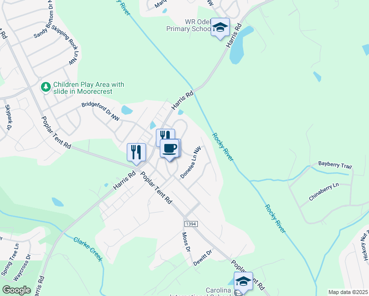 map of restaurants, bars, coffee shops, grocery stores, and more near 9909 Violet Cannon Drive Northwest in Concord