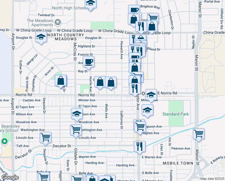map of restaurants, bars, coffee shops, grocery stores, and more near 1505 Stockton Avenue in Bakersfield