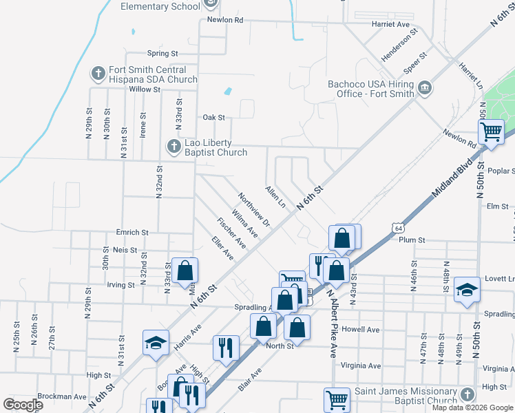 map of restaurants, bars, coffee shops, grocery stores, and more near 3619 Northview Drive in Fort Smith