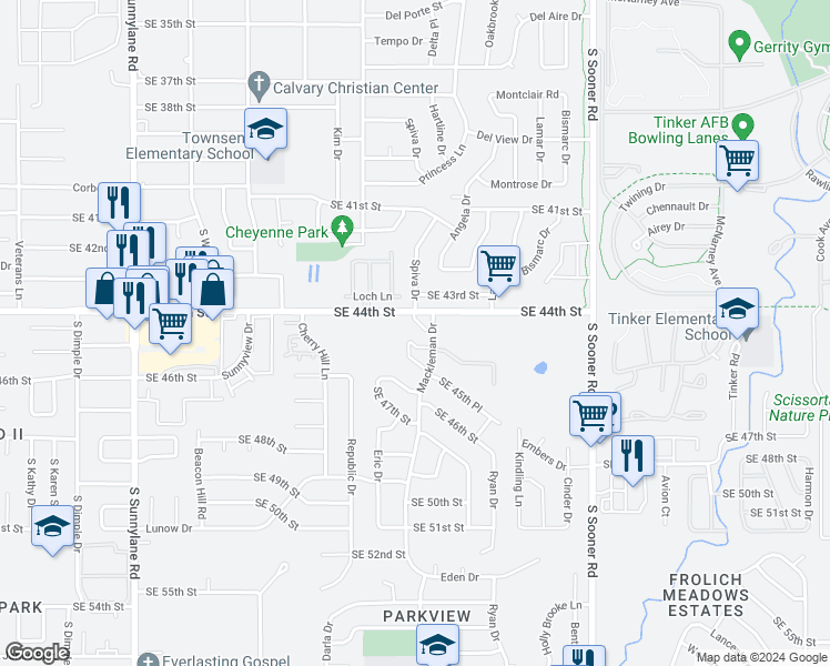 map of restaurants, bars, coffee shops, grocery stores, and more near 5020 Southeast 44th Street in Oklahoma City