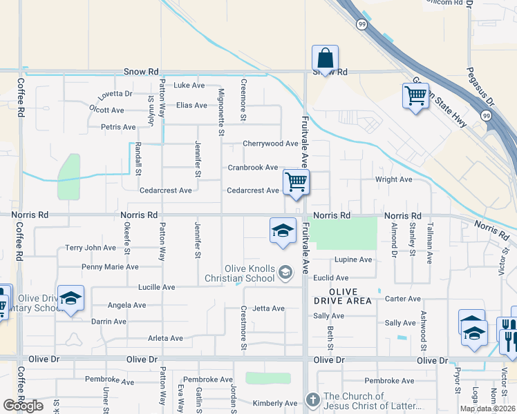 map of restaurants, bars, coffee shops, grocery stores, and more near 6713 Norris Road in Bakersfield