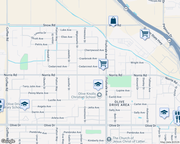 map of restaurants, bars, coffee shops, grocery stores, and more near 6713 Norris Road in Bakersfield