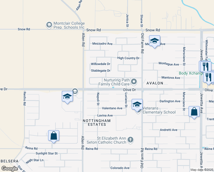 map of restaurants, bars, coffee shops, grocery stores, and more near 12518 Spoleto Avenue in Bakersfield