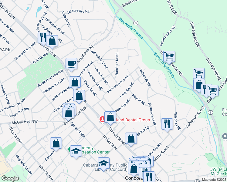 map of restaurants, bars, coffee shops, grocery stores, and more near 101 Long Avenue Northeast in Concord