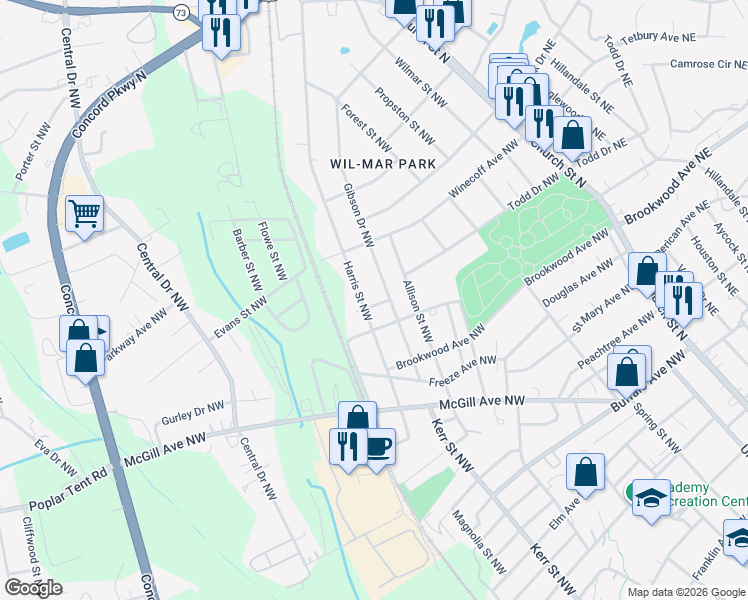 map of restaurants, bars, coffee shops, grocery stores, and more near 555 Harris Street Northwest in Concord