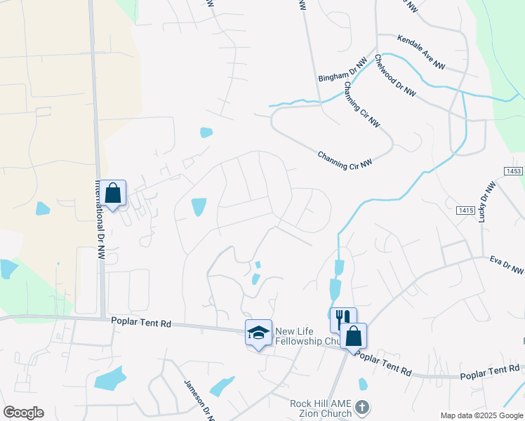 map of restaurants, bars, coffee shops, grocery stores, and more near 543 Hunton Forest Drive NorthWest in Concord