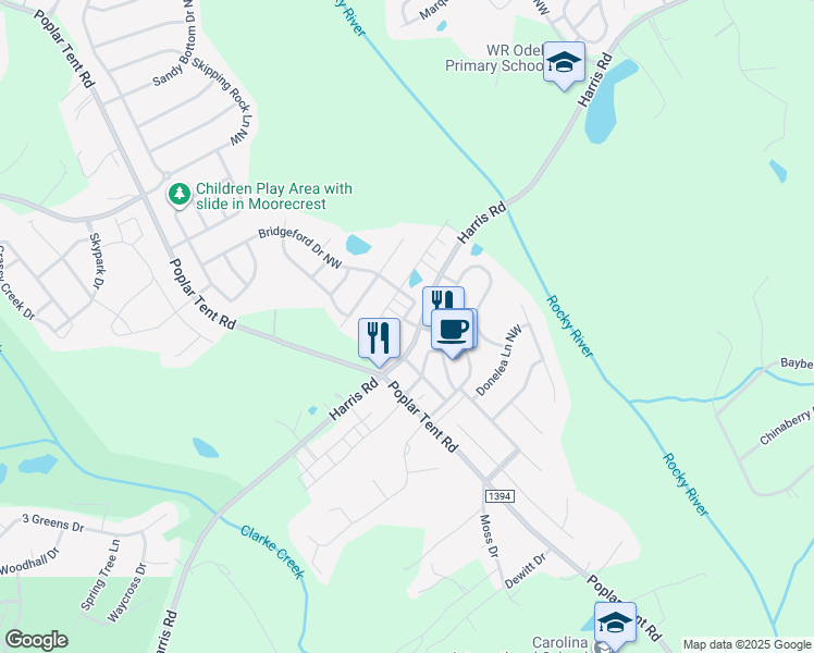 map of restaurants, bars, coffee shops, grocery stores, and more near 9952-9970 Harris Road in Concord