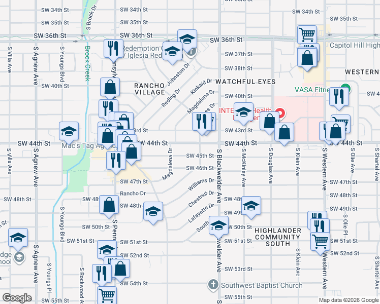 map of restaurants, bars, coffee shops, grocery stores, and more near 1424 Southwest 45th Street in Oklahoma City
