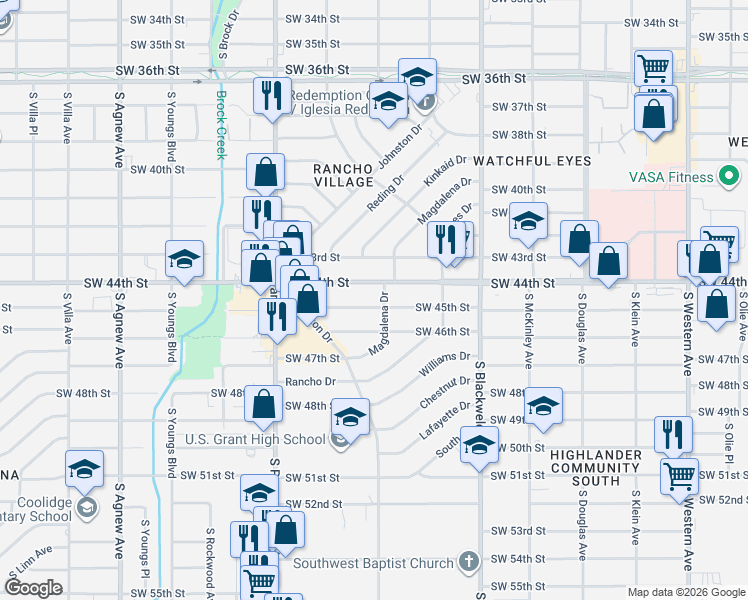 map of restaurants, bars, coffee shops, grocery stores, and more near 1500 Southwest 45th Street in Oklahoma City