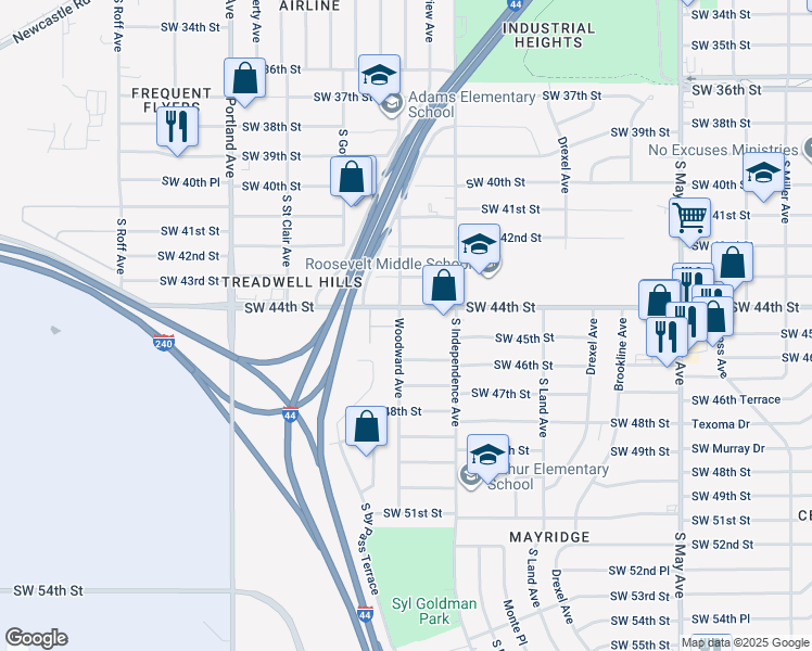 map of restaurants, bars, coffee shops, grocery stores, and more near 4514 Woodward Avenue in Oklahoma City