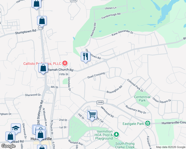 map of restaurants, bars, coffee shops, grocery stores, and more near 414 Senate Court Way in Huntersville