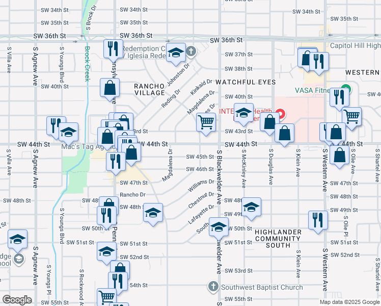 map of restaurants, bars, coffee shops, grocery stores, and more near 1424 Southwest 45th Street in Oklahoma City