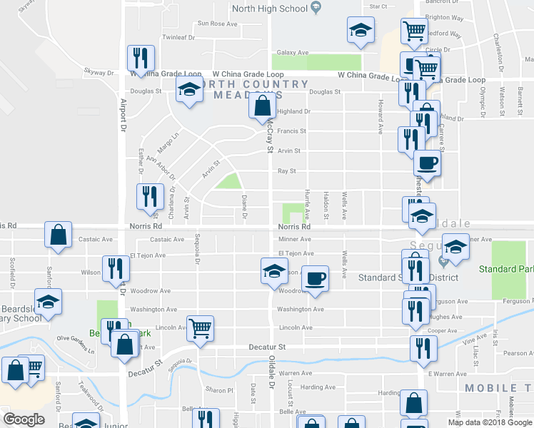 map of restaurants, bars, coffee shops, grocery stores, and more near 1509 McCray Street in Bakersfield