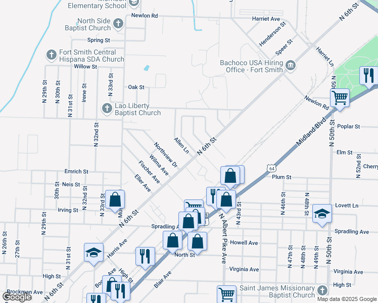 map of restaurants, bars, coffee shops, grocery stores, and more near 4419 Allen Lane in Fort Smith