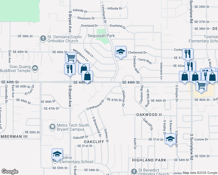 map of restaurants, bars, coffee shops, grocery stores, and more near 4704 Creekwood Drive in Oklahoma City