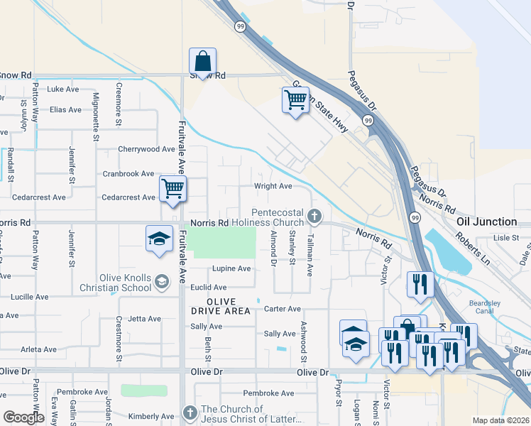 map of restaurants, bars, coffee shops, grocery stores, and more near 6015 Norris Road in Bakersfield