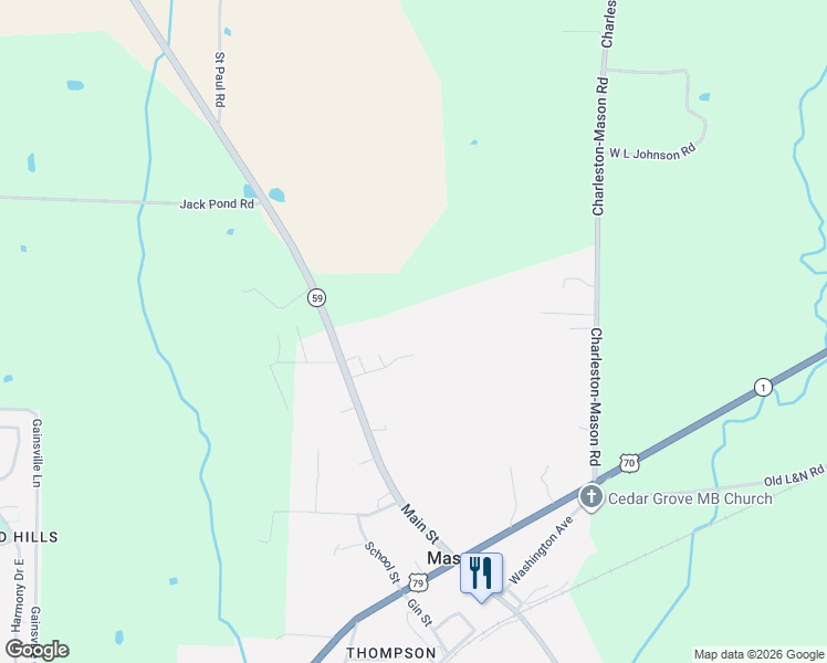 map of restaurants, bars, coffee shops, grocery stores, and more near 11590 Main Street in Mason