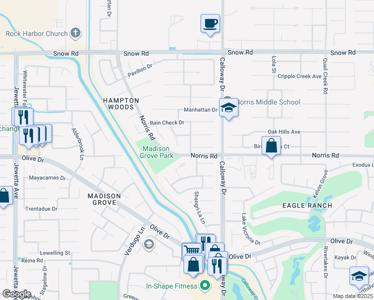 map of restaurants, bars, coffee shops, grocery stores, and more near 6607 Radio Flyer Drive in Bakersfield
