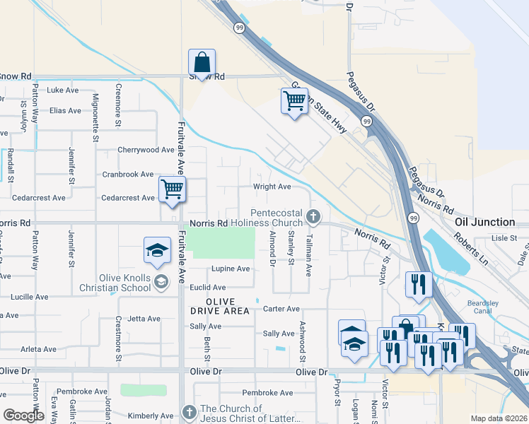 map of restaurants, bars, coffee shops, grocery stores, and more near 6015 Norris Road in Bakersfield