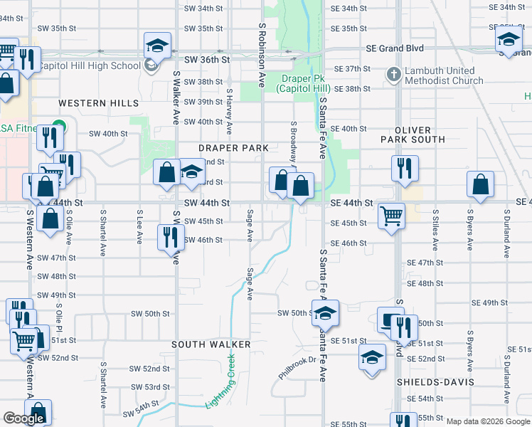 map of restaurants, bars, coffee shops, grocery stores, and more near 204 Southwest 45th Street in Oklahoma City
