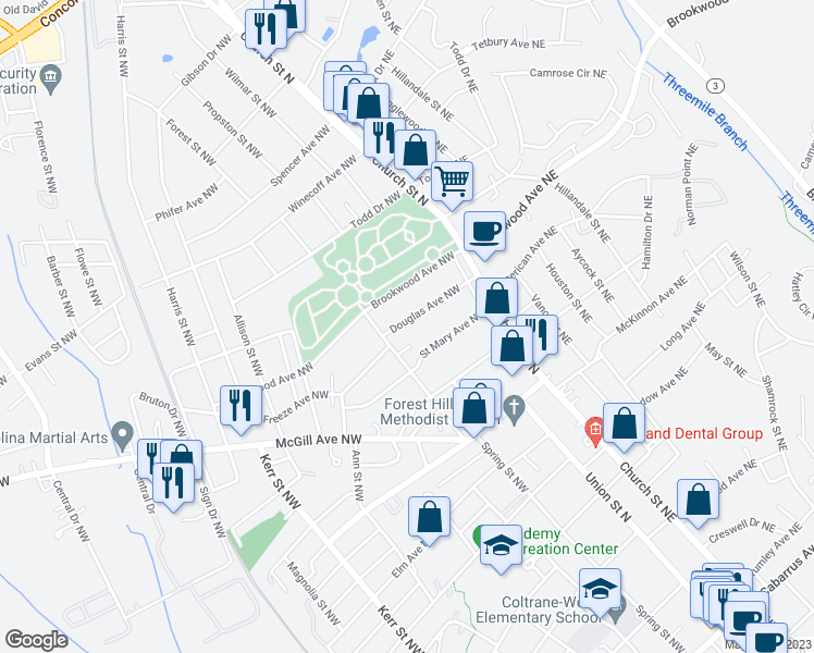 map of restaurants, bars, coffee shops, grocery stores, and more near 73 Douglas Avenue Northwest in Concord