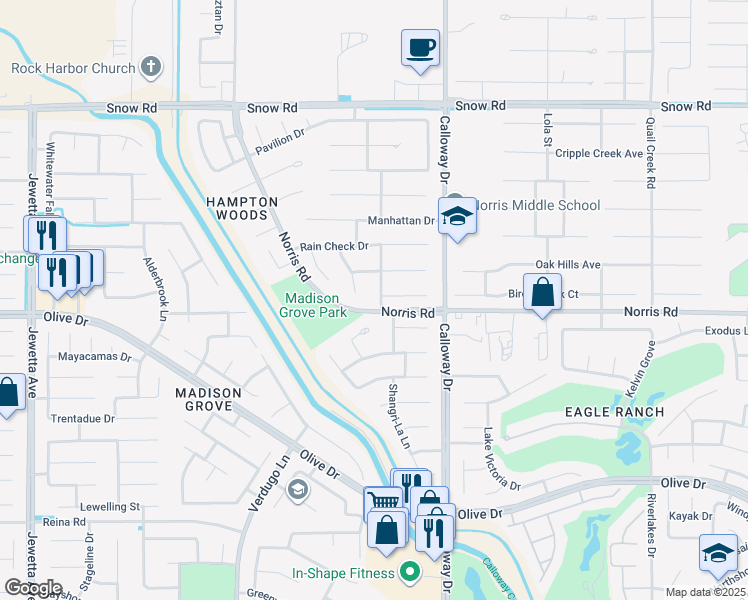 map of restaurants, bars, coffee shops, grocery stores, and more near 6607 Radio Flyer Drive in Bakersfield