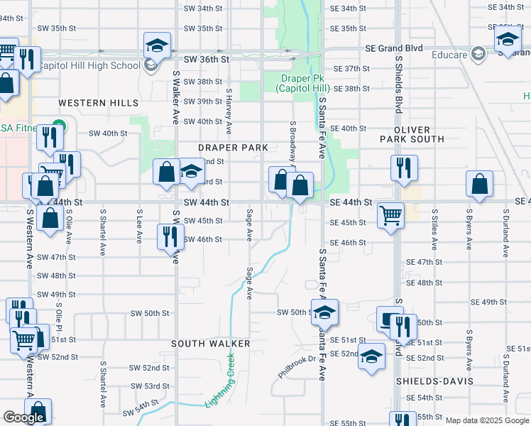 map of restaurants, bars, coffee shops, grocery stores, and more near 204 Southwest 45th Street in Oklahoma City