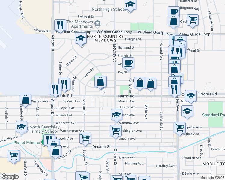 map of restaurants, bars, coffee shops, grocery stores, and more near 1509 McCray Street in Bakersfield