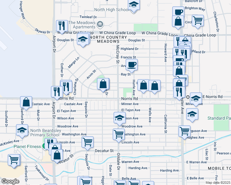 map of restaurants, bars, coffee shops, grocery stores, and more near 1509 McCray Street in Bakersfield