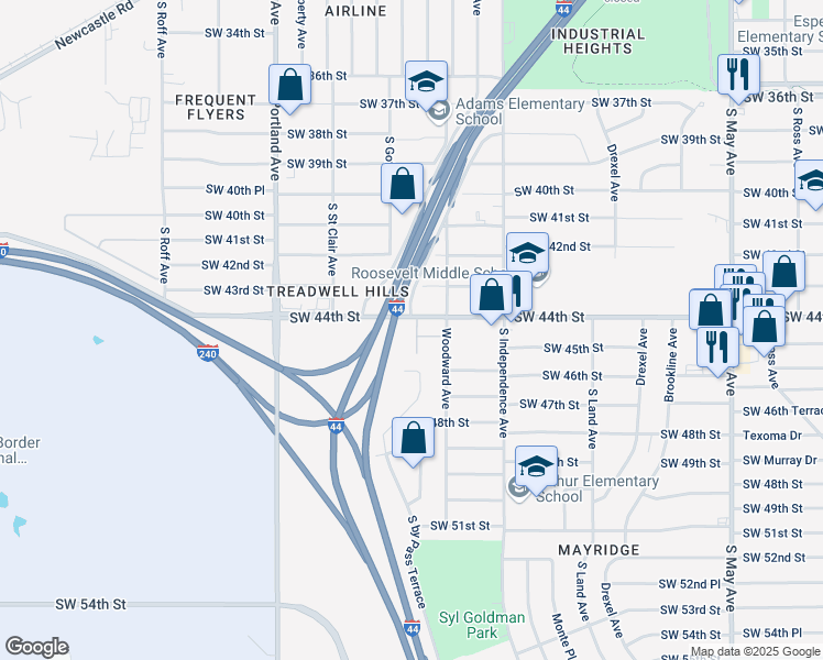 map of restaurants, bars, coffee shops, grocery stores, and more near 4501 Woodward Avenue in Oklahoma City