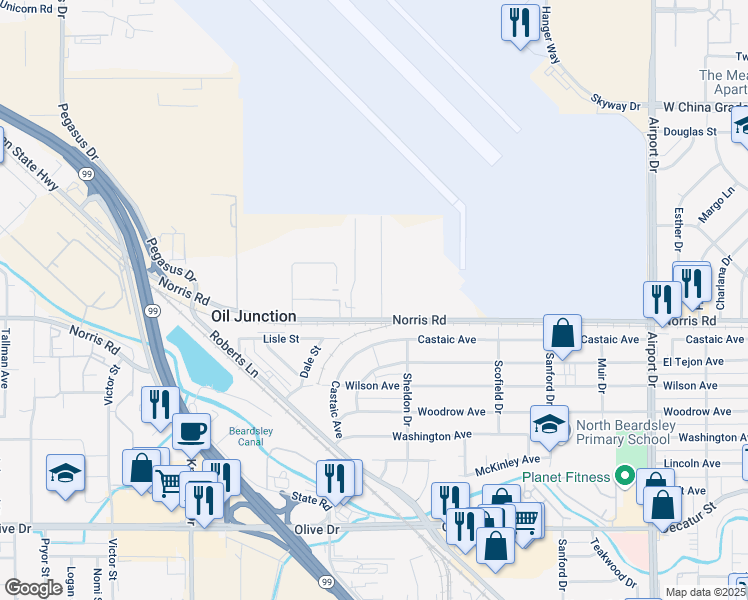 map of restaurants, bars, coffee shops, grocery stores, and more near 1600 Rench Road in Bakersfield