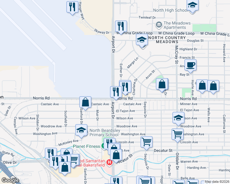 map of restaurants, bars, coffee shops, grocery stores, and more near 1516 Airport Drive in Bakersfield