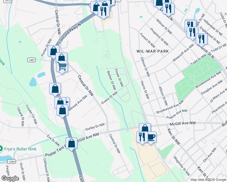 map of restaurants, bars, coffee shops, grocery stores, and more near 60 Barber Street Northwest in Concord