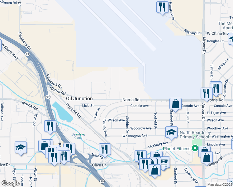 map of restaurants, bars, coffee shops, grocery stores, and more near 1600 Rench Road in Bakersfield