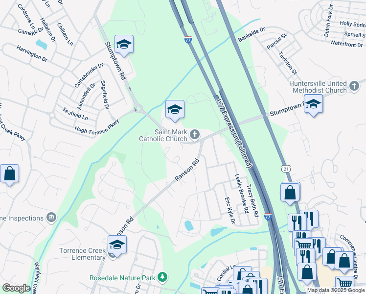 map of restaurants, bars, coffee shops, grocery stores, and more near 14740 Stumptown Road in Huntersville