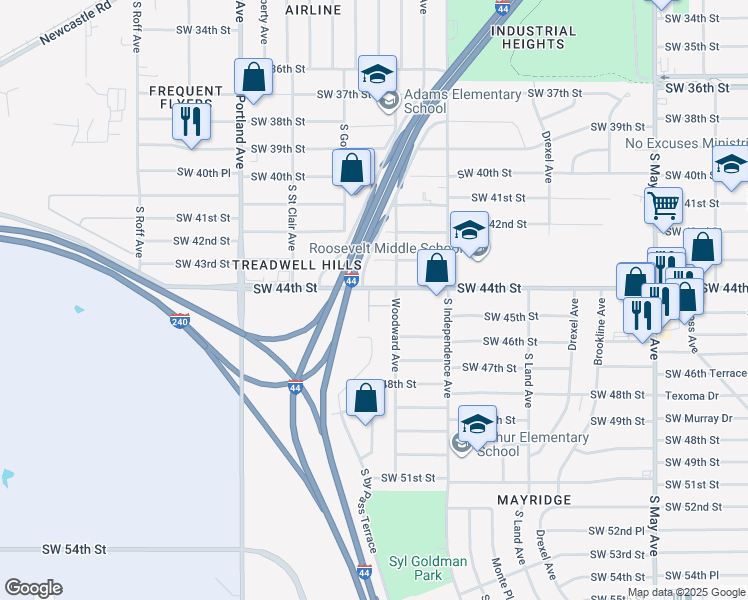 map of restaurants, bars, coffee shops, grocery stores, and more near 3425 Southwest 44th Street in Oklahoma City