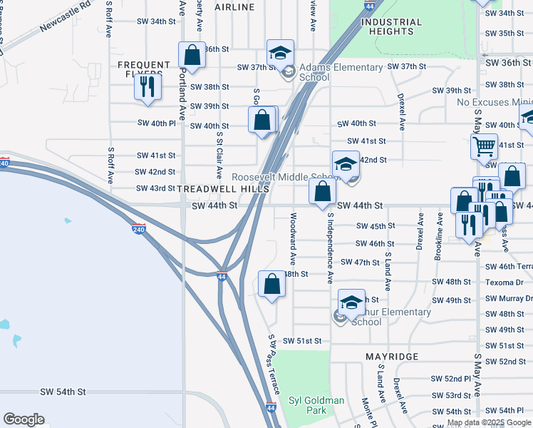 map of restaurants, bars, coffee shops, grocery stores, and more near 3425 Southwest 44th Street in Oklahoma City