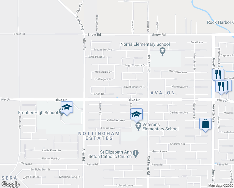 map of restaurants, bars, coffee shops, grocery stores, and more near 12502 Larkin Drive in Bakersfield