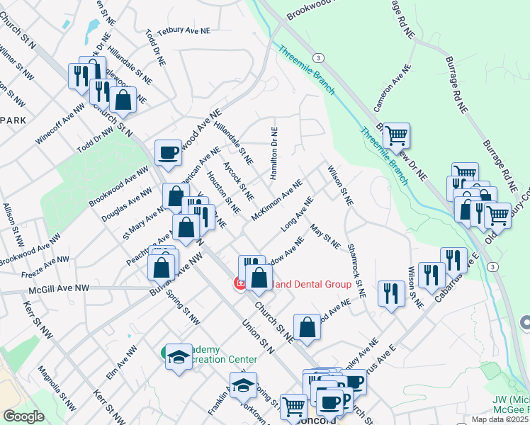 map of restaurants, bars, coffee shops, grocery stores, and more near 108 McKinnon Avenue Northeast in Concord