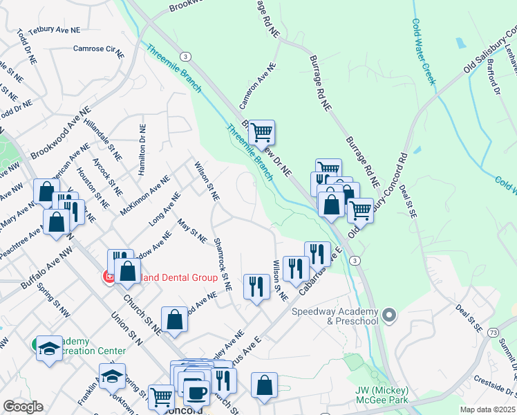 map of restaurants, bars, coffee shops, grocery stores, and more near 268 Hatley Circle Northeast in Concord