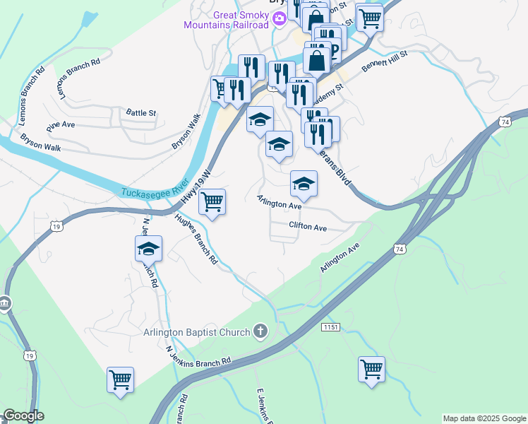 map of restaurants, bars, coffee shops, grocery stores, and more near 300 Arlington Avenue in Bryson City