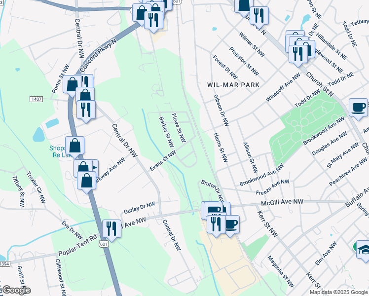 map of restaurants, bars, coffee shops, grocery stores, and more near 245 Evans Street Northwest in Concord