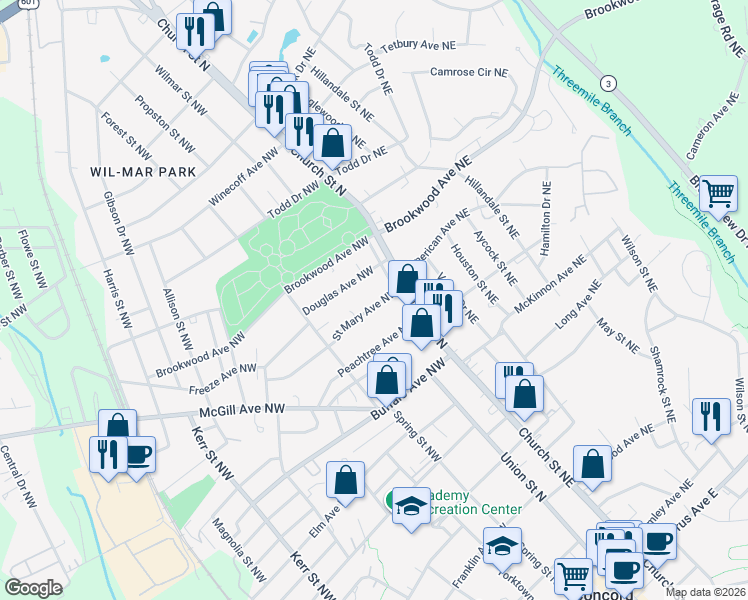 map of restaurants, bars, coffee shops, grocery stores, and more near 25 Douglas Avenue Northwest in Concord