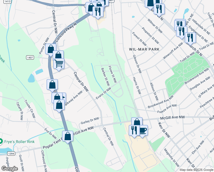 map of restaurants, bars, coffee shops, grocery stores, and more near 60 Barber Street Northwest in Concord