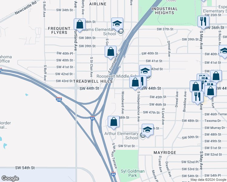 map of restaurants, bars, coffee shops, grocery stores, and more near 3425 Southwest 44th Street in Oklahoma City