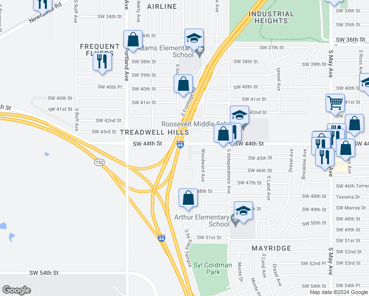 map of restaurants, bars, coffee shops, grocery stores, and more near 3425 Southwest 44th Street in Oklahoma City